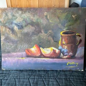 Original oil painting signed Matheny 9”x12” Charming rustic piece. Still life.